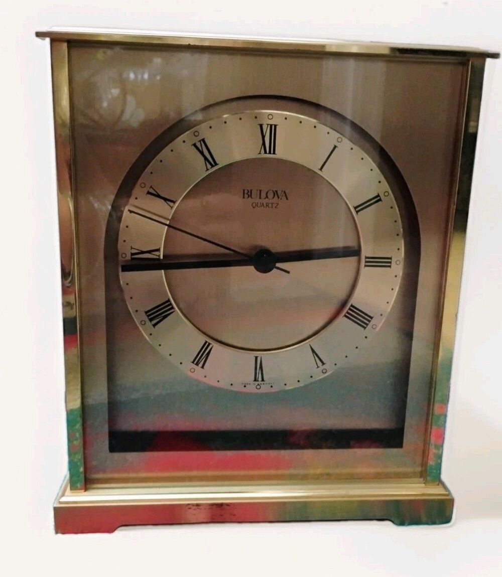 Bulova B1700 Grand Prix Brass Quartz Mantel Desk Clock - Tested and Working